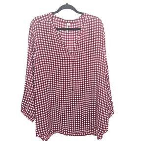 Red White Gingham Tunic Top Size 3X Plus Size V-Neck Popover Blouse Rayon